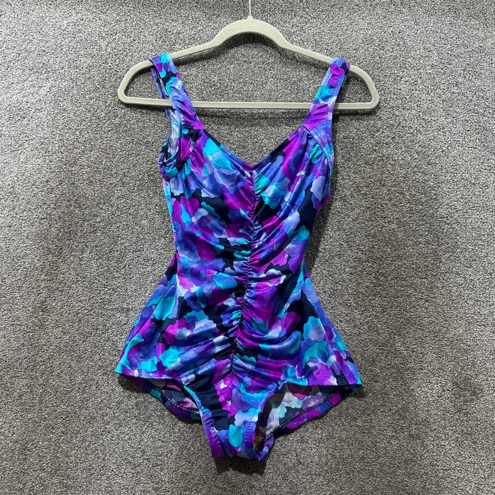 Le Cove Vintage One Piece Swimsuit Size 10 Purple Blue Abstract Ruched Made USA